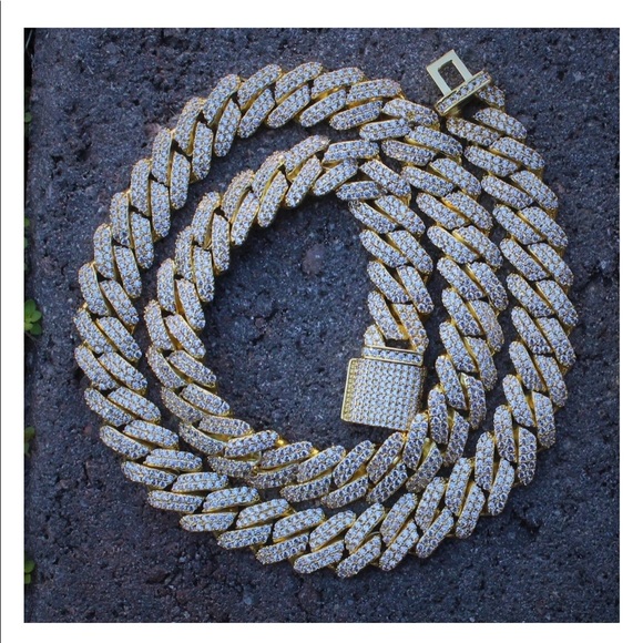 CUBAN LINK CHAIN CZ DIAMOND YELLOW GOLD 12MM Y-GEM - Picture 2 of 2